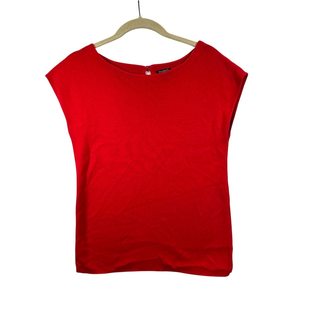 Talbots Womens Red Cap Sleeve Knit Top Boat Neck Keyhole Back Petite Medium
